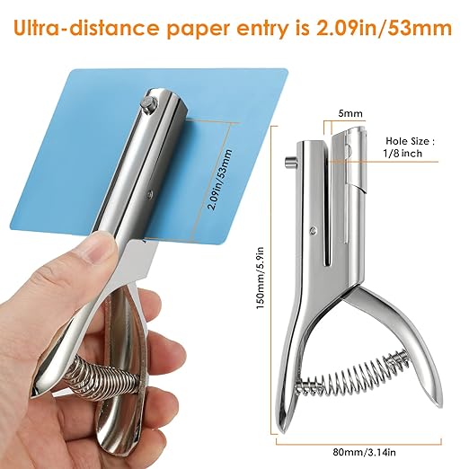 Hole Punch 2" Reach 1/8 inch Single Hole Punch,Heavy Duty Hole Puncher Single,Portable Hand Held Long Paper Punch for Paper Cards Plastic Cardboard (Silver) (1/8"-3mm Hole)