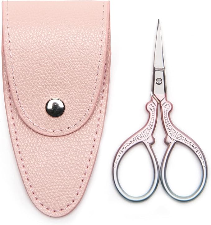 3.6 inch Small Sewing Scissors, Mini Scissors in a Pouch, All Purpose with Leather Sheath Cover, Color PINK Green