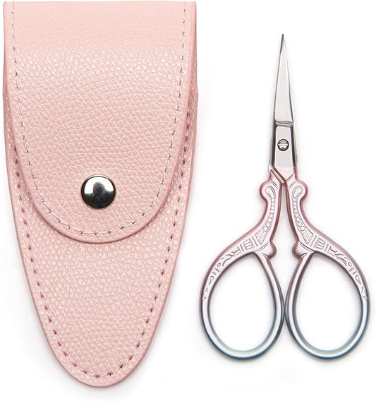 3.6 inch Small Sewing Scissors, Mini Scissors in a Pouch, All Purpose with Leather Sheath Cover, Color PINK Green
