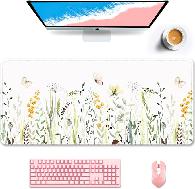 Auhoahsil Desk Pad, XXL Large Mouse Pad, Extended Gaming Mousepad, Cute Desk Mat for Women, Big Office Accessories Mouse Pad for Computer Keyboard and Laptop, 35.6" x 15.7", White Wildflower Butterfly