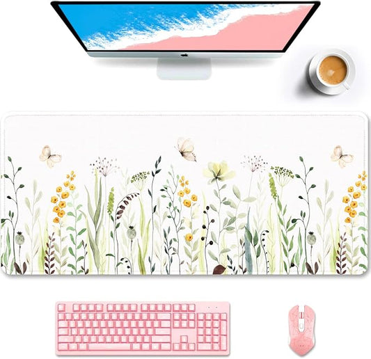 Auhoahsil Desk Pad, XXL Large Mouse Pad, Extended Gaming Mousepad, Cute Desk Mat for Women, Big Office Accessories Mouse Pad for Computer Keyboard and Laptop, 35.6" x 15.7", White Wildflower Butterfly