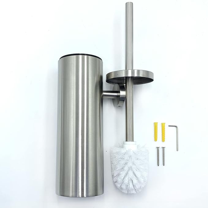 SUNERA 304 Stainless Steel Toilet Brush Holder Toilet Bowl Brush, Wall Mount Bathroom Toilet Bowl Scrubber Brush with Stiff Bristles for Deep Cleaning