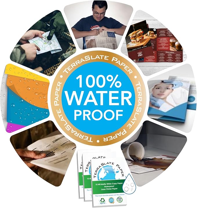 TerraSlate Premium Rain/Weather/Waterproof Paper, 10 MIL 8.5 x 11 Inches, Bright White, Durable Printer Paper (100 Sheets)
