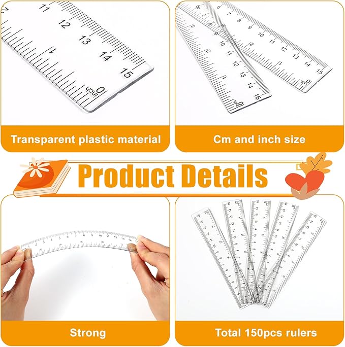 150 Pcs 6 Inch Ruler Bulk Clear Plastic Small Rulers for Classroom with Inches and Centimeters Mini Plastic Flexible Straight 6 Inch Ruler for Students First Day Back to School Gift Office