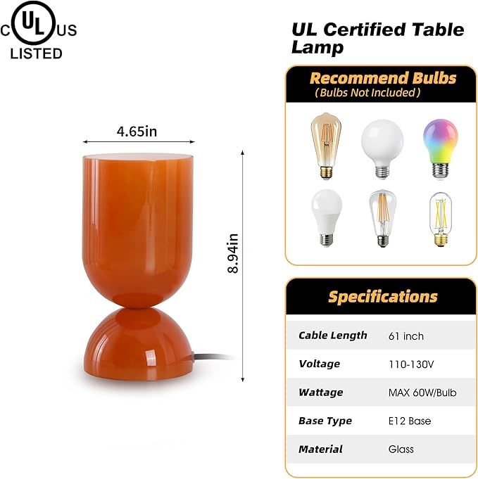 8.9" Modern Glass Table Lamp for Living Room, Dimmable Desk Lamps for Bedroom, UL Listed Nightstand Lamp with Dome Base, End Table Lamps for Kids Room, Side Tables, College Dorm, Office, Glossy Orange