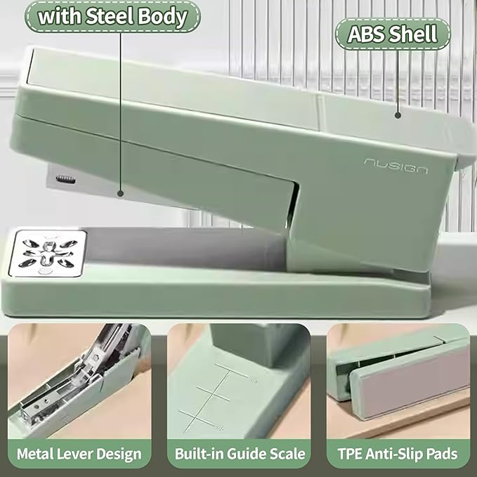Swing-Arm Desktop Stapler, 360° Rotating Base, 25-Sheet Capacity, Fits 24/6 & 26/6 Staples, Durable Metal Build with Non-Slip Pad for Office & Home Use (Green)