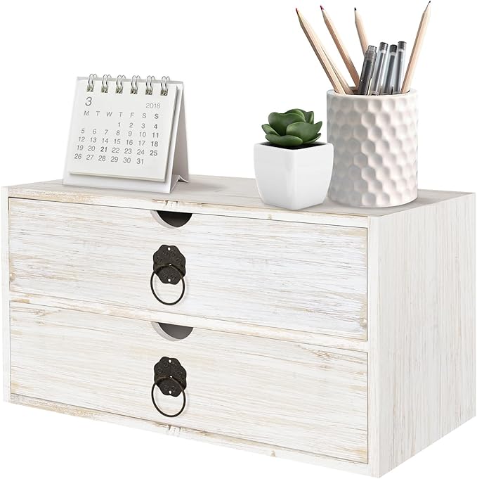 Wood Desk Organizer, White Wooden Desktop Organizer with Drawer, Tabletop Storage Organization Box for Countertop, Home Office Supplies, Bills (2 Drawer)