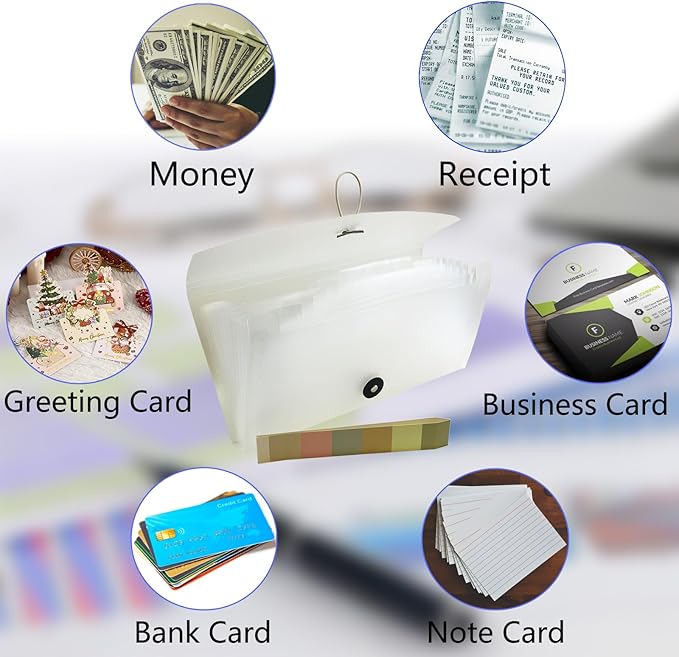 Small Accordion File Organizer - 13 Pocket Expanding Folder for Receipts, Bills, and Envelopes - Money Saving Binder (White)