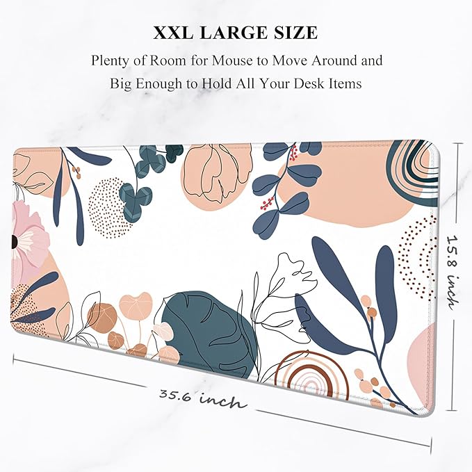 Auhoahsil Large Gaming Mouse Pad, Flowers Theme XXL 35.4 x 15.7 in Desk Pad Stitched Non-Slip Rubber Long Computer Mousepad Thin Extended Full Size Desk Mat for Desktop Laptop Wireless Mice, Pink