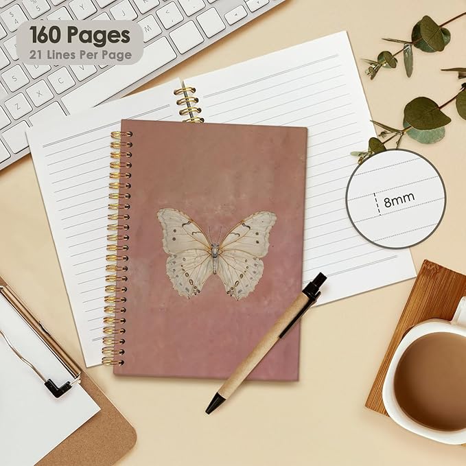 Wheatwin Butterfly Pink Notebook Journal, Vintage Pink Cute Butterfly Journal for Women, Preppy Gifts for Teen Girls, 5.5x8.3 Inch