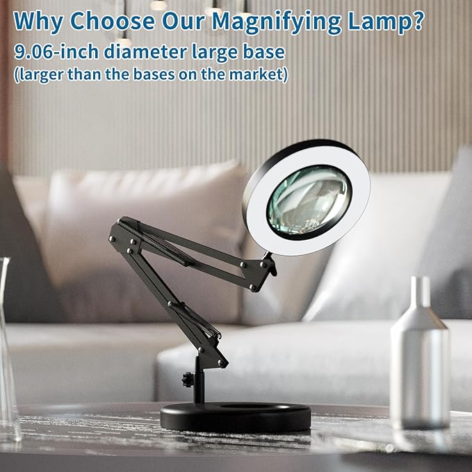 HITTI 【Upgraded 12X LED Magnifying Lamp, 1,800 Lumens Stepless Dimmable, 3 Color Modes, 8-Diopter 4.2″ Real Glass Lens Magnifier Desk lamp, Magnifying Light and Stand for Crafts Reading Close Work