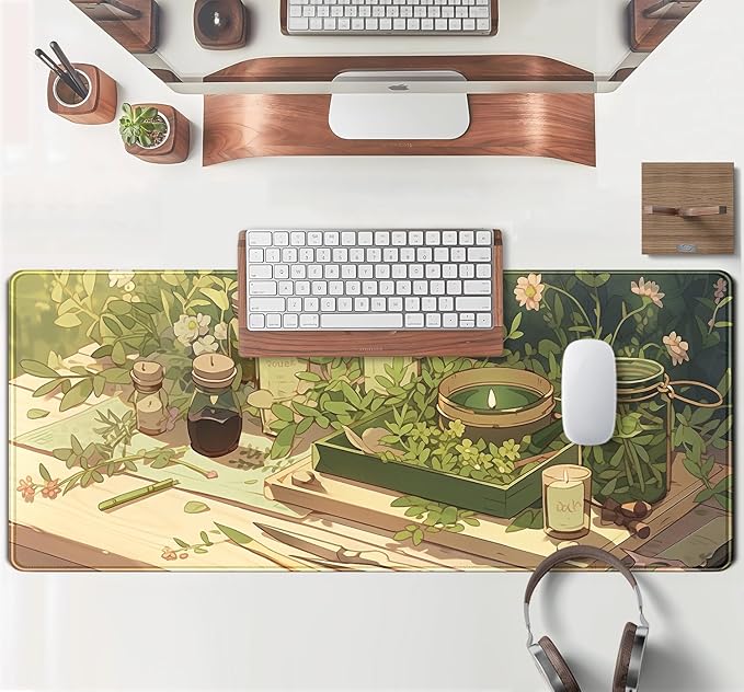 Green Gardener Desk Mat Anime Forest XL Gaming Mouse Pad Plant Lover Desk Pad with Stitched Edges, Women Desktop Decor Mousepad Laptop Computer Keyboard and Mouse Mat Desk Accessories 31.5x11.8 in