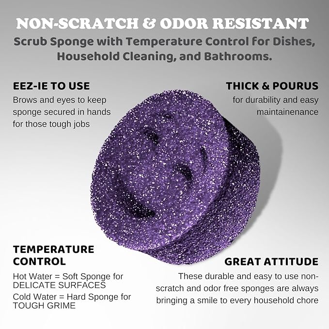 The Original Smiling Handle for Scrub Daddy (Reg. TM) Sponge and Scrub Moji Sponge - (White Handle) & 3 Purple Scrub Moji's