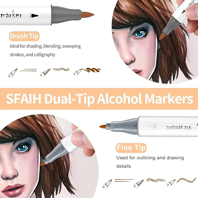 SFAIH Skin Tone Alcohol Markers Brush Tip - 37 Portrait Color Markers for Drawing, Coloring - Fast-Drying, Blendable Ink Marks for Artist Adults, Dual Tip - Brush & Fine - Refillable Ink