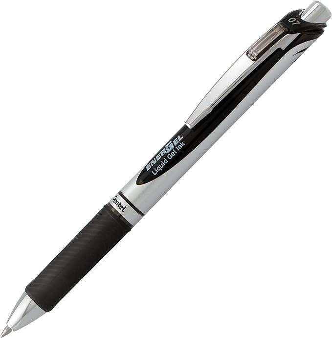 Pentel EnerGel Retractable Liquid Gel Pens, Medium Point, 0.7 mm, Silver Barrel, 12 Black Ink pens, the Ultimate writing pens, the Best Writing Pens for office, school and journaling, Pack of 12