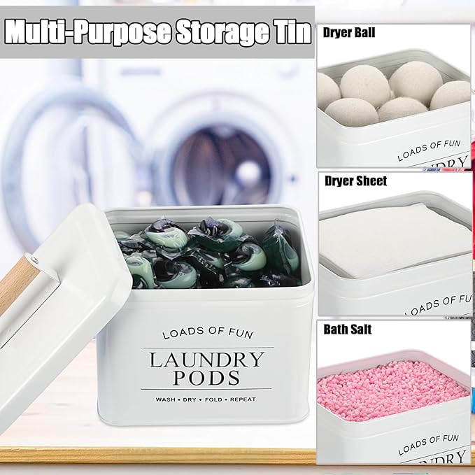 Metal Laundry Pod Holder Powder Holder Farmhouse Laundry Pods Container with Handle Lid, Powder Dispenser Dryer Sheet Dispenser for Laundry Room Organization Decor - 7.2" x 6.2" x 5.1", White