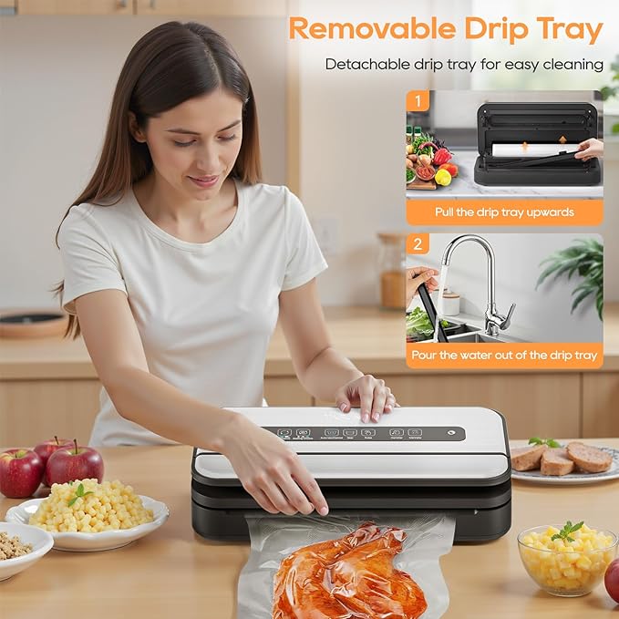 Vacuum Sealer Machine, 90Kpa Food Vacuum Sealer Machine Preservation Dry/Moist/Liquid Modes, LED Indicator Light, Handle Locked Design, Built-in Cutter and Bag Storage, Starter Kit
