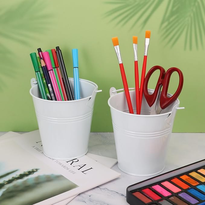 22 Pack 4 Inch White Mini Metal Bucket, Elegant Galvanized Buckets with Handles, Tin Buckets, Small Iron Bucket, Mini Metal Pail for Party Favors, Crafts, Garden & Beach