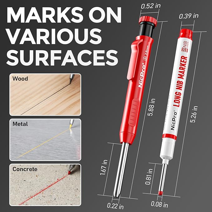 Nicpro 3 Pack CP1000 Carpenter Pencils with Sharpener, Mechanical Carpenter Pencil with 39 Refills, Deep Hole Long Nib Marker Pens for Construction, Heavy Duty Woodworking Pencil for Architect Marking