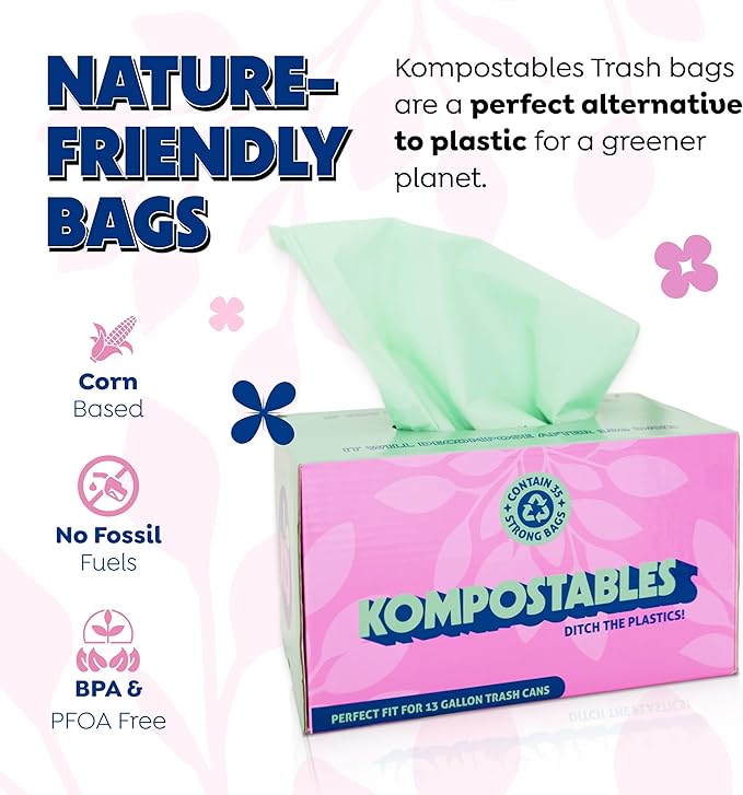KOMPOSTABLES BPI 100% Home Compostable Kitchen Trash Bags, 13 Gallon 1.5 Mil Heavy Duty Unscented Plant Based Bags w/Handles, Tall Biodegradable Garbage, Compost & Food Scrap Waste Can Liners, 35 Ct