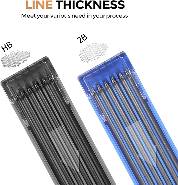 2mm Mechanical Pencil Set, 2 Pieces Artist Carpenter Drafting Pencils 2.0 mm with 2 Tube Lead Refill (HB, 2B), Art Lead Holder Metal Marker for Draft Drawing, Writing, Art Sketching