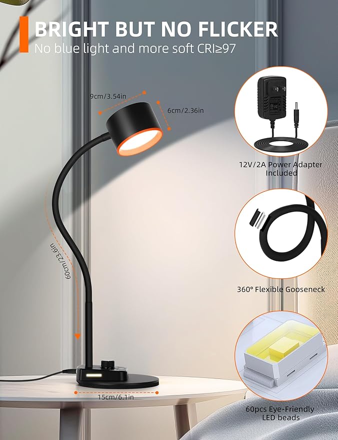 Desk Lamp, LED Desk Lamp with USB C + A Charging Ports, 5 Colors Fully Dimmable Eye Care Reading Lamp for Bedside Table Full Metal Efficient Gooseneck Table Lamp for Home Office Black
