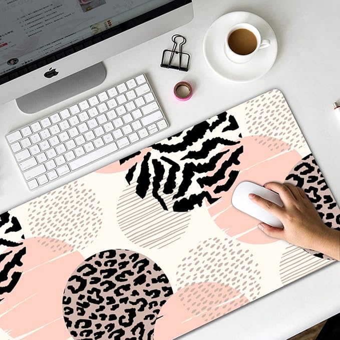 Extended Gaming Mouse Pad (31.5x11.8 in), Large Non-Slip Rubber Base Mousepad,Keyboard Mouse Mat Desk Pad for Work, Game, Office, Home -Animal Leopard Print Circles Rose Gold Pink Geometric