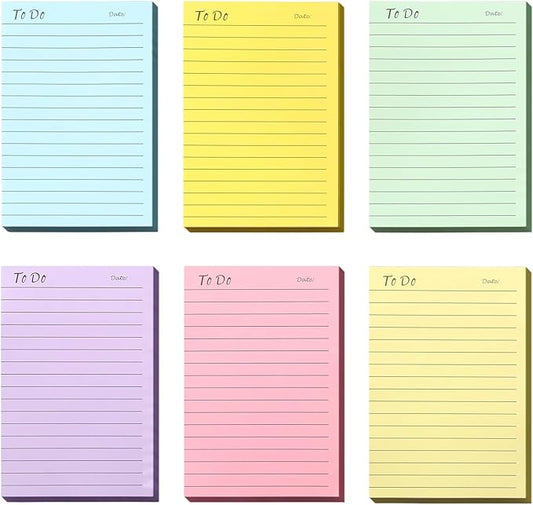 6 Pack to Do List Sticky Notes,4X6 in Lined Sticky Notes,300 Sheets Bright Color Self-Stick Note Pads,Super Adhesive Memo Pads, Easy to Post Notes for Study, Works and Daily Life (4X6 inch)