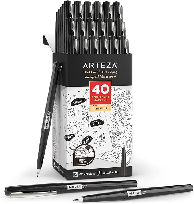 ARTEZA Permanent Markers, 40 Black Pens, Ultra-Fine Tip Paint Pens, Quick-Drying, Water Resistant, for Calligraphy and Note Taking, Office, Classroom
