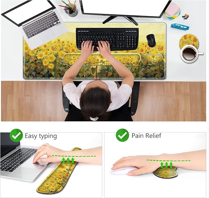 AIMSA Keyboard Mouse Pad Wrist Rest, Extended Gaming Mouse Pad +Wrist Support, Ergonomic Memory Foam,XXL Large Mousepad, 4Pcs (35×15.7 in) Desk Mat, Sunflower Oil Painting