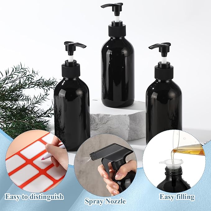 Norme 24 Pcs Glass Spray Bottles with Funnels and Labels 8 oz Refillable Cosmetic Empty Spray Containers with Trigger Squirt Containers for Essential Oil Cleaning Solutions(Black)