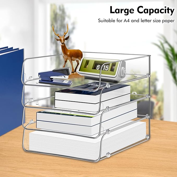 Stackable Paper Trays, 4 Tier Desk File Organizer, Document Letter Tray for Office Supplies, Magazine
