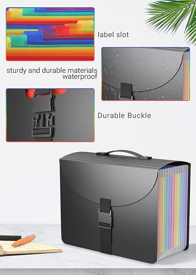 Expanding File Folders,Accordion File Organizer with Handle,13 Pockets Expandable File Folder Portable Filing Box,Adjustable Support Strap,Colored Tabs.Papers Bills Documents Organizer,A4/Letter Size