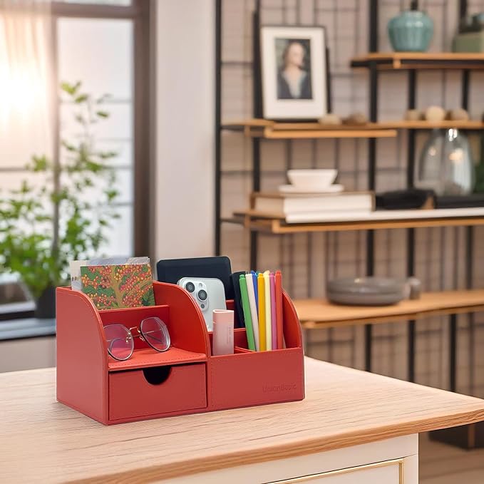UnionBasic Desk Organizer - Multifunctional Leather Desktop Pen Holder Storage Box - Business Card/Pen/Pencil/Mobile Phone/Stationery Holder, Red