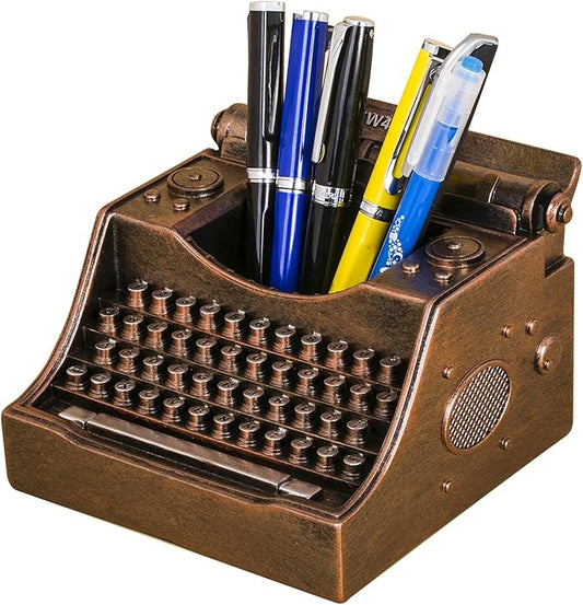 Retro Typewriter Pen Holder Vintage Desk Accssories Unique Cool Gifts for Writer Typewriter Lovers and Secretary Cute Funny Pencil Cups for Office Home School (Bronze)