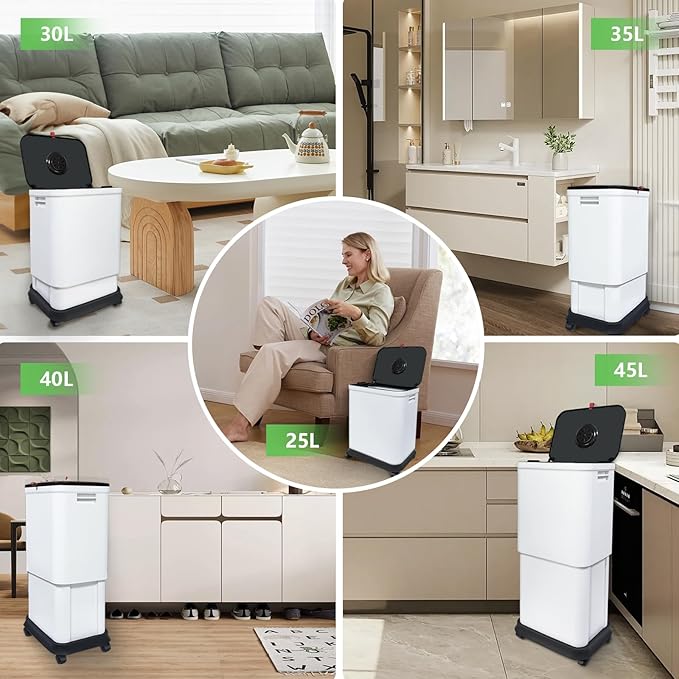 Gintan 13 Gallon Trash Can with Lid, 25-45 L Altitude Variable Bin, Garbage Can with Wheels for Kitchen, Bathroom, Bedroom, Office, Two Space-Saving Small Waste Bin and Garbage Bag
