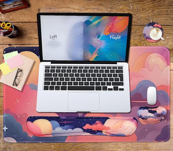 Large Mouse Pad Set, Cute Extended Mouse Pad+Keyboard Wrist Rest Support Desk Pad Memory Foam Ergonomic Easy Typing, 35.4×15.7 in Desk Mat Set for Home Office Study Game - Cloud