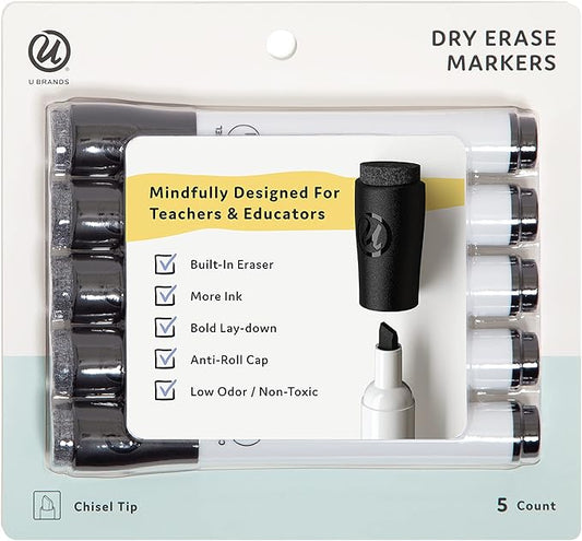 U Brands Fine Tip Dry Erase Markers with Eraser, Whiteboard Markers with Chisel tip, Extra Ink, Low Odor, Black, Set of 5