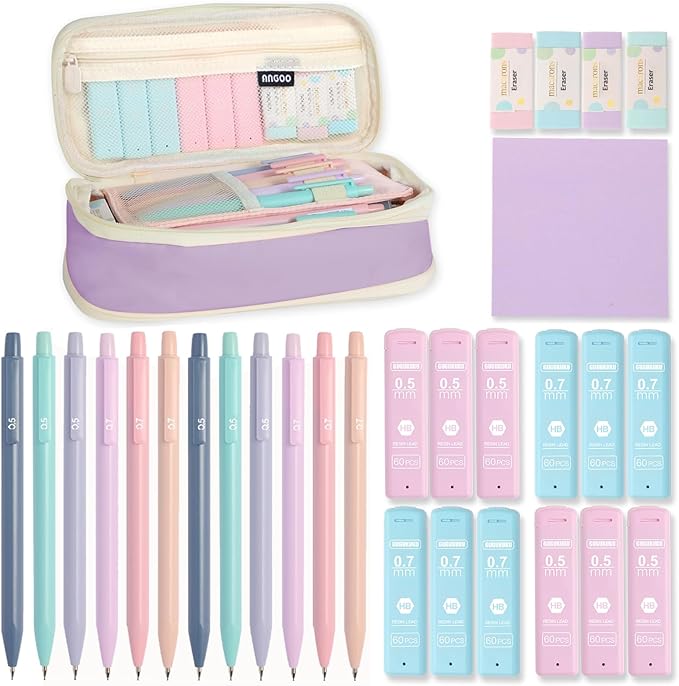 Mechanical Pencil Set with Cute Pencil Case, 12x Pastel Mechanical Pencils 0.5 & 0.7mm with 720x HB Leads, 4x Erasers and 1x Sticky Note, Suitable for Writing, Drafting Drawing Sketching(purple)