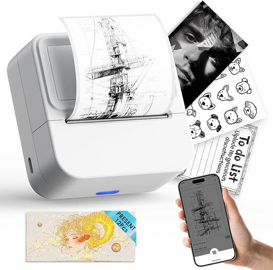 Bluetooth Sticker Printer with 1 Roll of Sticker Paper, Y2C Mini Sticker Maker Machine, Pocket Thermal Label Maker Machine with Tape for DIY, Notes, Label – Ideal Gift for Kids&Student, White