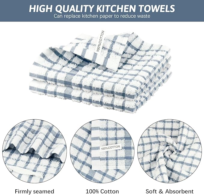Nialnant 12PCS Kitchen Towels and Dishcloths Sets,100% Cotton Soft Absorbent Quick Drying Dish Towels for Kitchen,Washing Dishes-Little Blue Plaid,12 x 12 in