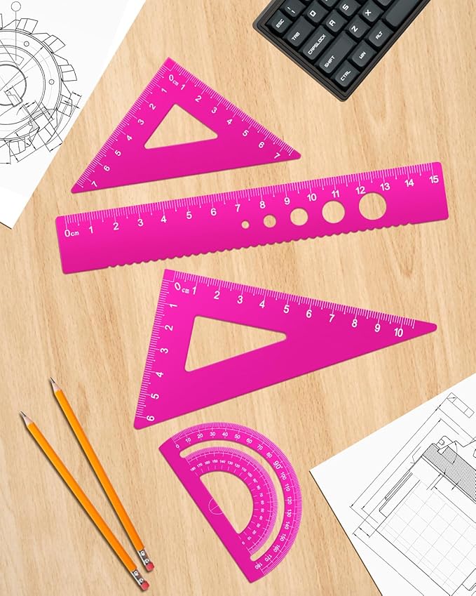 Honagu Triangular Ruler Set, 4 Pieces Aluminum Alloy Ruler, Metal Drafting Ruler, Geometric Protractor for Students, Draftsmen, Engineers, School Office Supplies (Pink)