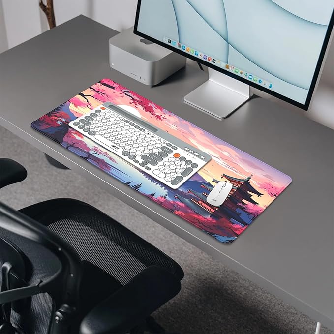 Japanese Cherry Blossoms Mouse Pad,Mount Fuji XL Mousepad Desk Pad with Stitched Edges,Non-Slip Waterproof Rubber Base Mouse Mat Desk Mat for Office Computer Keyboard Laptop Home(27.5x11.8 in)