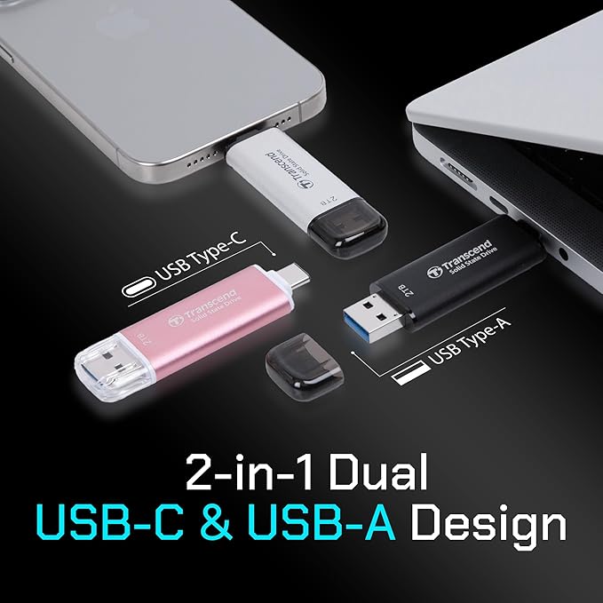 Transcend 1TB External SSD, Up to 1,050MB/s, Dual USB Drive for Pixel10, Tesla, iPhone17,16,15&iPad&Mac/Steam Deck/ROG Ally/MSI Claw/Android/PS5/Smart TV, 2-in-1 Type C &A, USB 3.2 Gen2 Portable SSD
