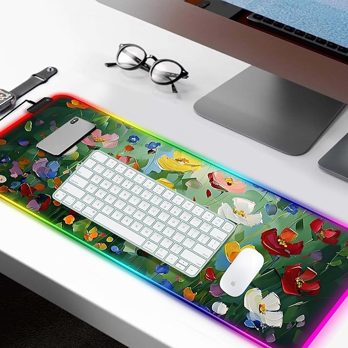 RGB Abstract Green Wildflower Gaming Desk Mat, Computer Keyboard Large Extended Long Floral LED Mouse Pad for Office and Home, XL (W23)