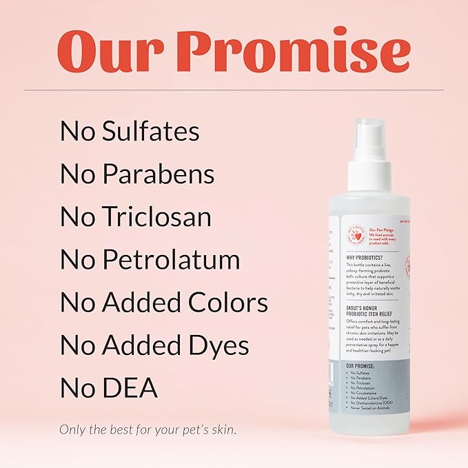 SKOUT'S HONOR Probiotic Itch Relief Spray for Pets - Non-Medicated, Fragrance-Free, Natural, Vegan, Long-Lasting Relief, with Soothing Aloe & Avocado Oil, 8 oz, 2-Pack