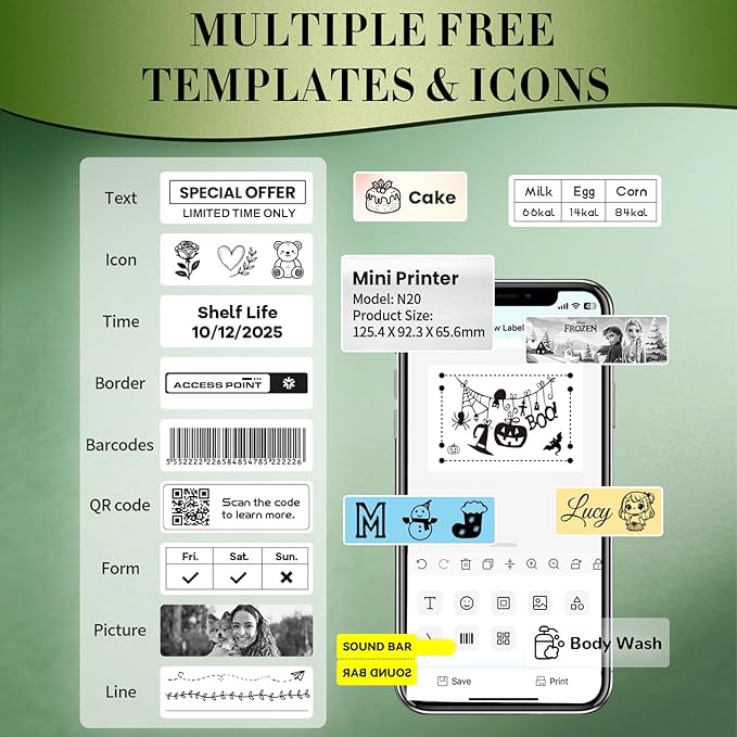 Label Maker Machine with Tape, 2 Inch Portable Bluetooth Label Makers, N20 Wireless Thermal Label Printer for Small Business, Office, Home, School, Barcode Address Logo Inkless Labeler for Phone