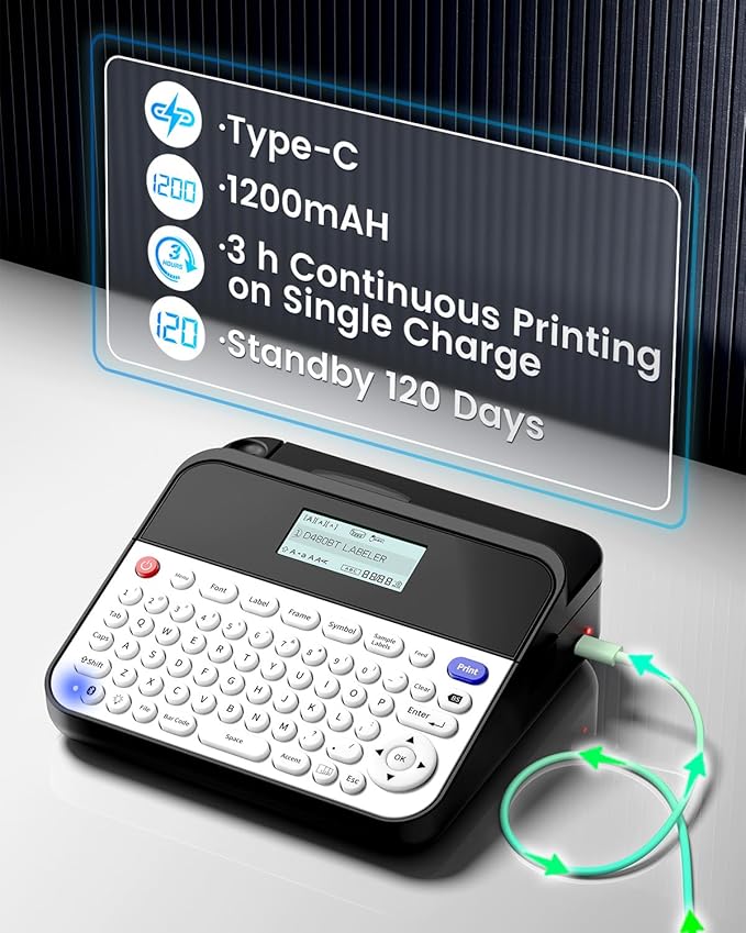 3/4 Inch Label Maker Machine with-Tape Waterproof, D480BT Bluetooth Rechargeable Label Maker Large Print with Keyboard, Connect PC & Phone, Backlit Screen, Create Via BZ Label 9mm~18mm