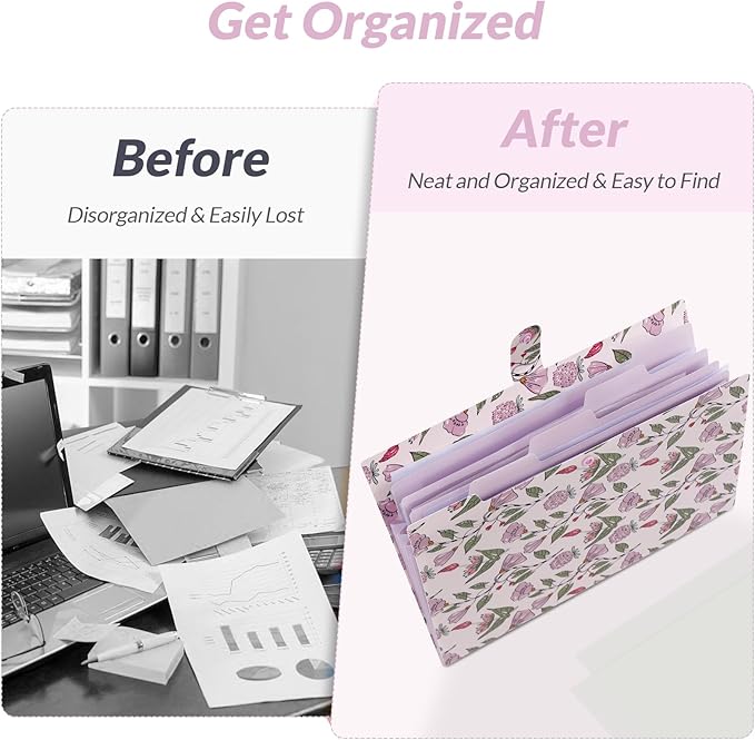 SKYDUE Expanding File Folder with 5 Pockets, Accordion File Organizer,Portable Receipt Paper Documents Organizer,Letter Size Filing Folder School Office Supplies,Light Purple