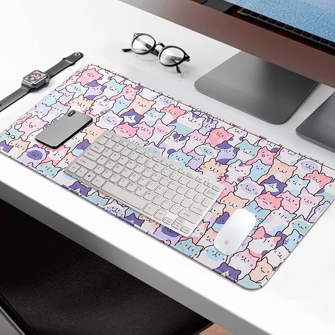 Cute Kawaii Cat Mouse Pad, Gaming Office Home Mousepad, Computer Keyboard and Laptop Desk Mat for Women, Large Extended Non-Slip Rubber Base with Stitched Edges, 31.5x15.7x0.12 in, Pink